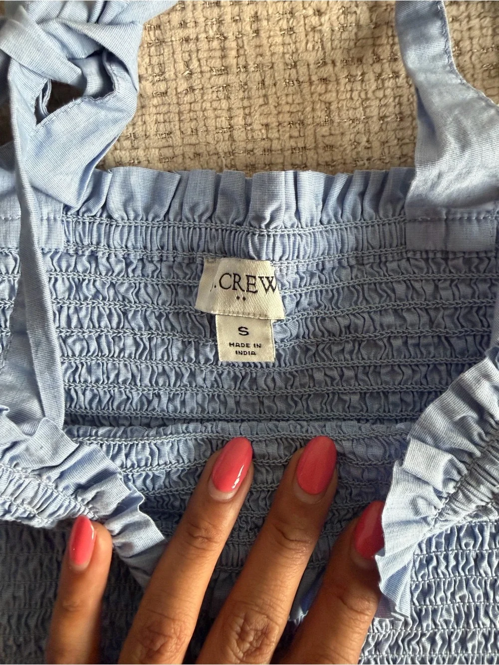 J. Crew Light Blue Smocked Tie-Shoulder Top